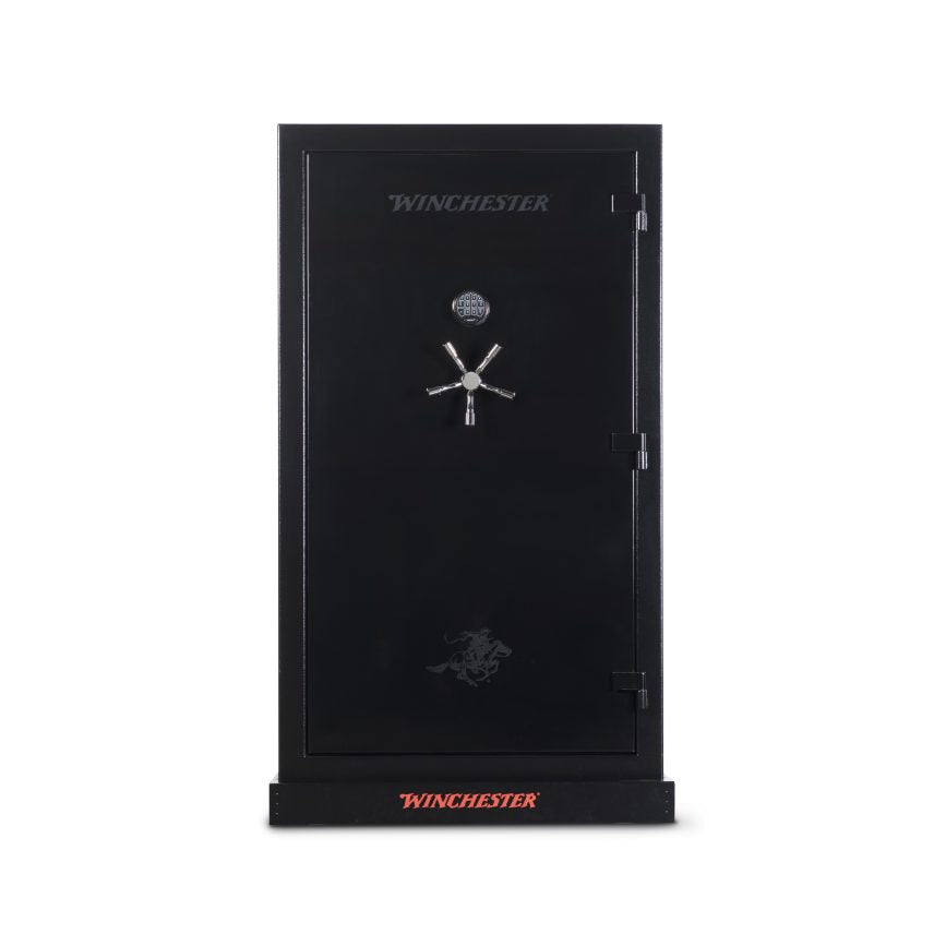 Winchester Ranger 44 Stealth Black closed, straight-on view showing the matte black finish and chrome hardware