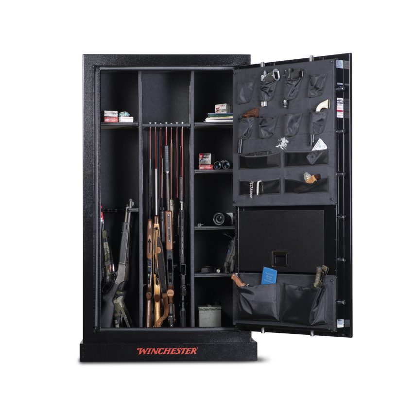 Winchester Ranger 44 Stealth Black loaded with rifles in GunStiXX storage, handgun on Utility Shelf, door organizer front view