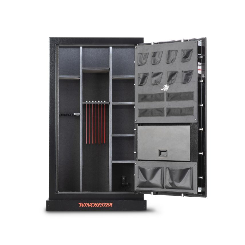 Winchester Ranger 44 Stealth Black open, showing the interior with GunStiXX vertical storage and door organizer