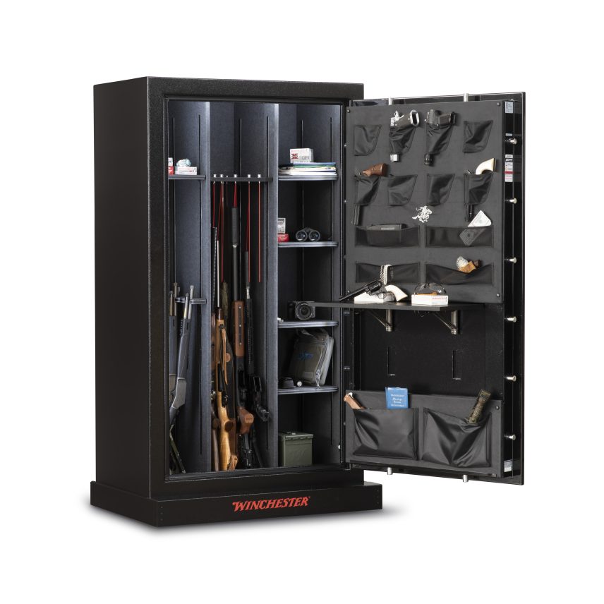 Winchester Ranger 44 Stealth Black loaded with rifles in GunStiXX storage, a handgun on the Utility Shelf, and door organizer