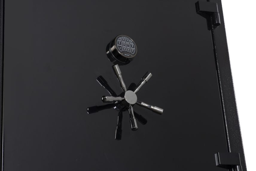 Close-up of the Winchester Ranger 44 Stealth Black door showing the Securam electronic keypad and 5-spoke vault handle