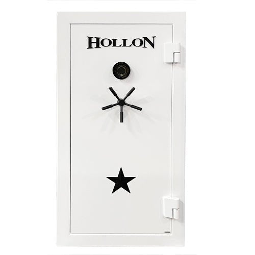 Hollon RG-22 Republic 22 gun safe in white with mechanical combination dial and 5-spoke black handle, front view
