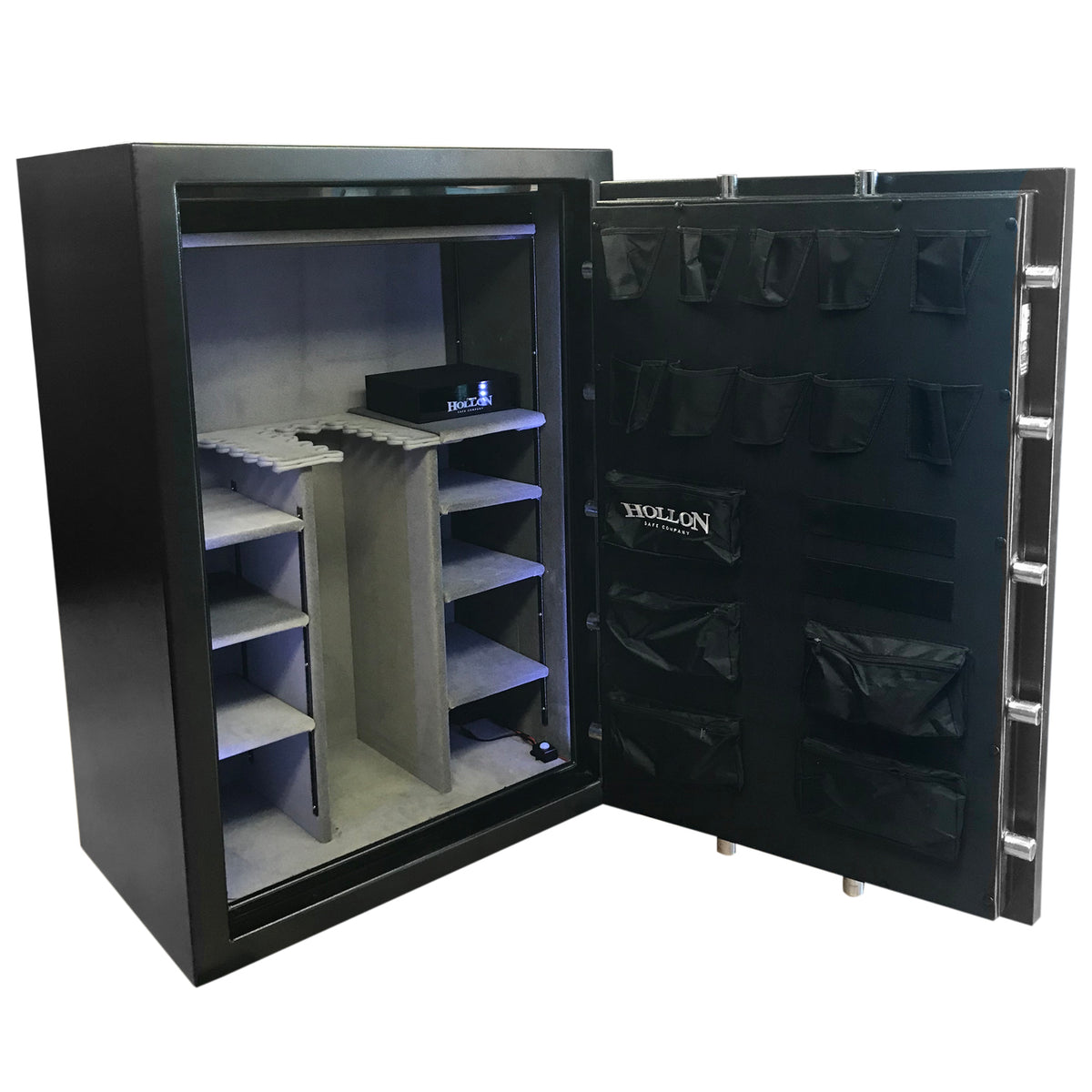 Hollon RG-39 Republic 39 gun safe in grey with door open showing adjustable shelving, rifle racking, LED lighting, and Hollon-branded canvas pocket door organizer