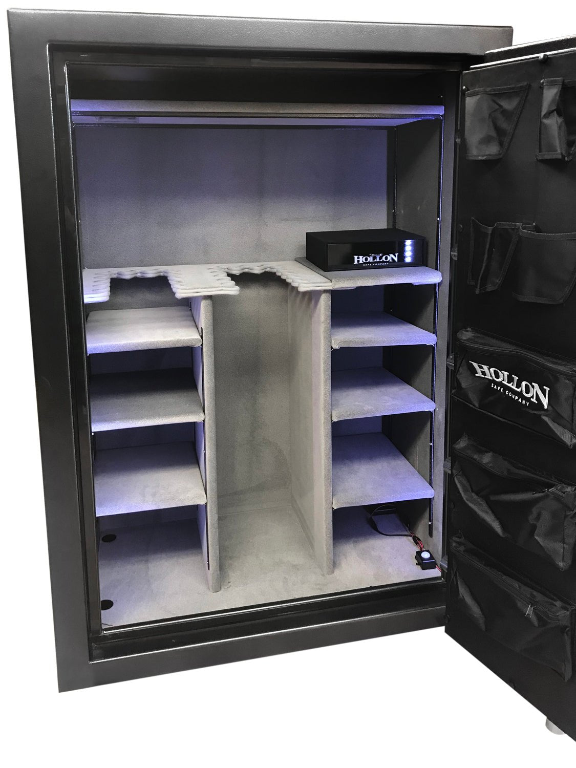 Hollon RG-39 Republic 39 gun safe grey interior close-up showing adjustable plush-lined shelving, gun rack divider, and blue LED motion lighting