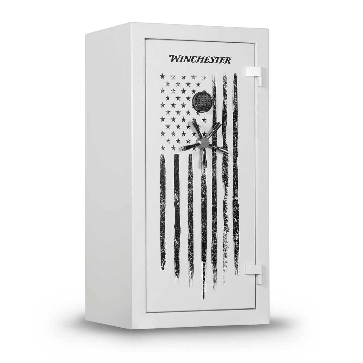 Winchester Ranger 26 Americana closed, showing the powder-coated white body with a distressed American flag graphic on the door, black Winchester wordmark, Securam electronic keypad, and 5-spoke chrome vault handle