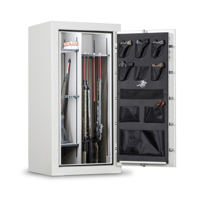 Winchester Ranger 26 Americana with the door open, showing GunStiXX vertical storage loaded with long guns, adjustable U-shaped barrel rack, and door organizer with handgun holsters and accessory pockets