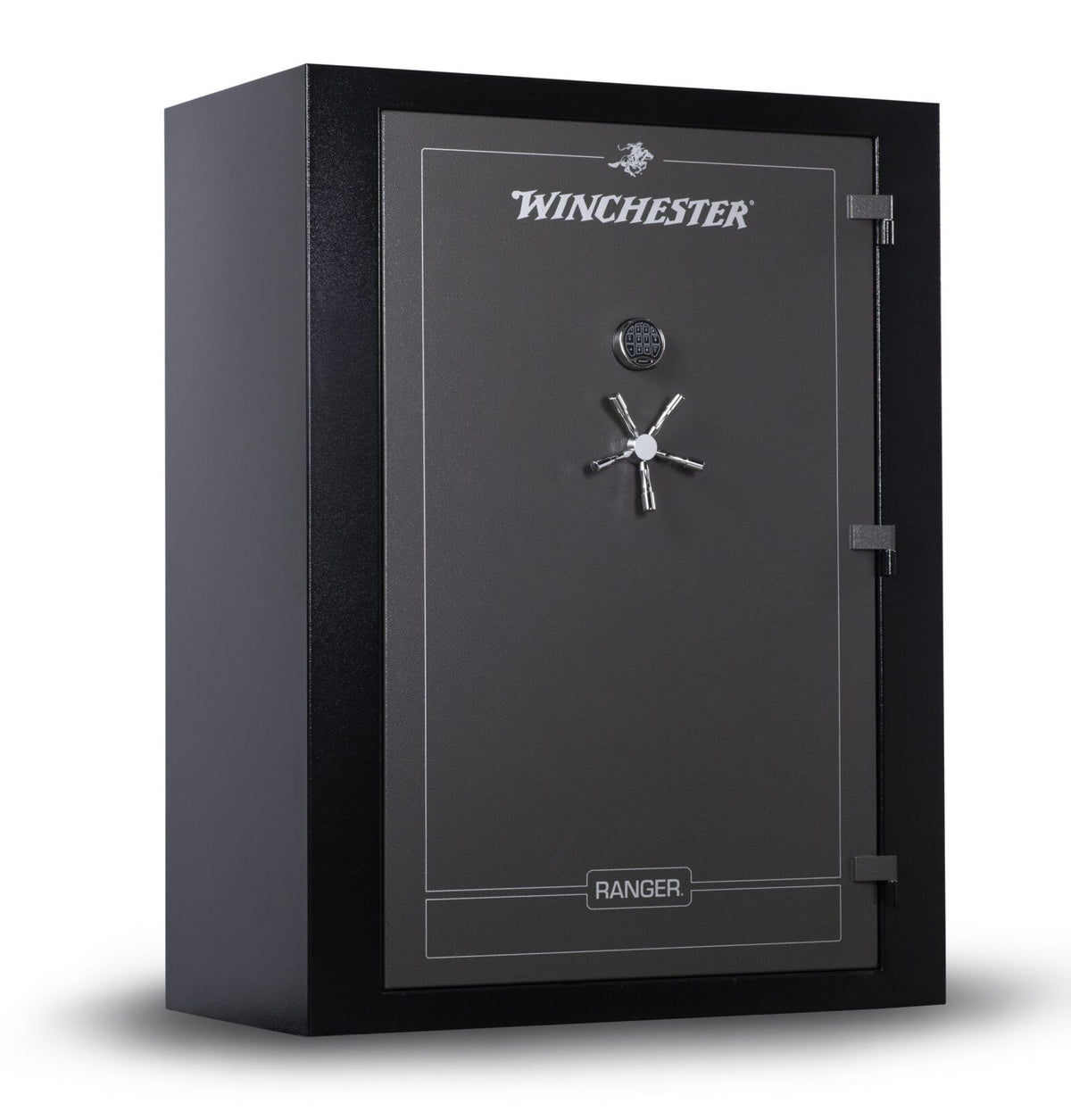 Winchester Ranger 66 two tone gun safe closed, slate door and black body with 5-spoke chrome handle and Securam keypad