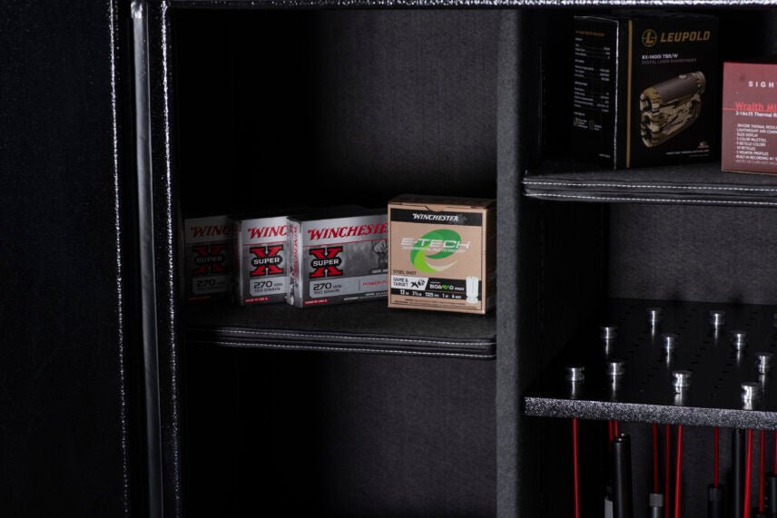 Winchester Ranger 66 interior compartment with Winchester Super X and XPR ammo boxes staged next to the GunStiXX storage