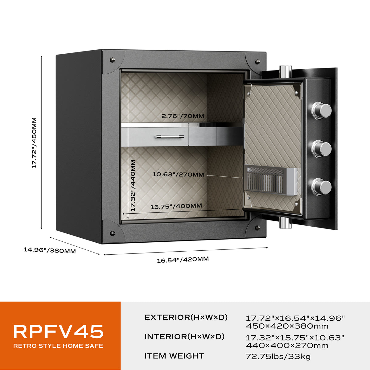 RPNB RPFV45 Large Home Retro Style Biometric Safe with Jewelry Drawer Door Open with Dimensions