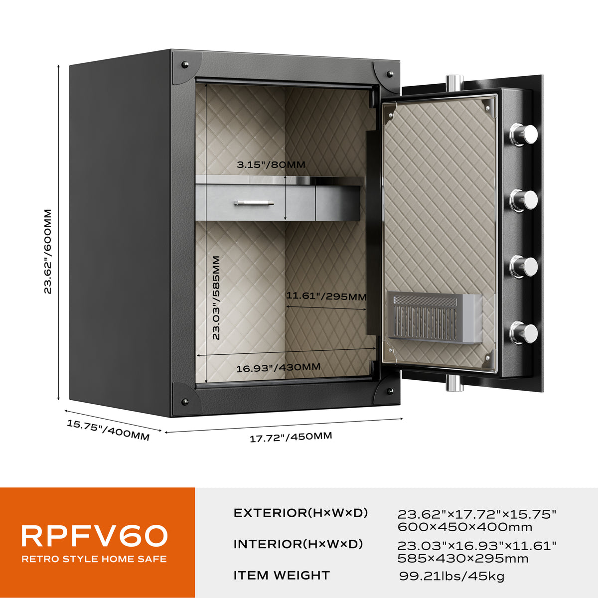 RPNB RPFV60 Large Home Retro Style Biometric Safe with Jewelry Drawer Door Open Outside Dimensions