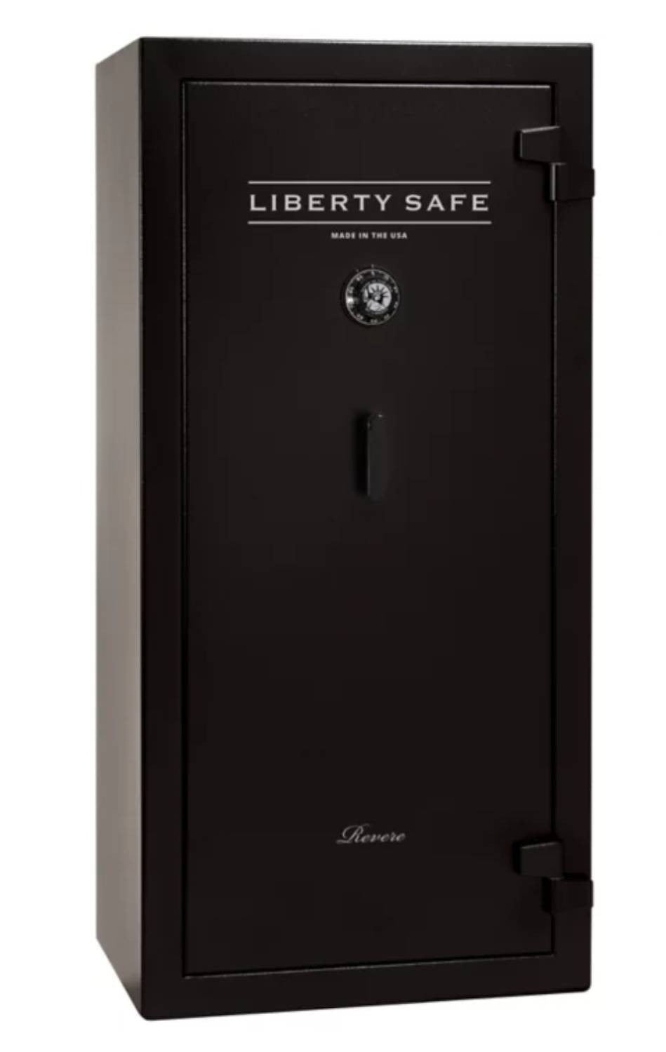 Liberty Safe Revere 30 gun safe in black textured finish with mechanical combination dial and vertical pull-handle, "Made in the USA" branding on door, front view