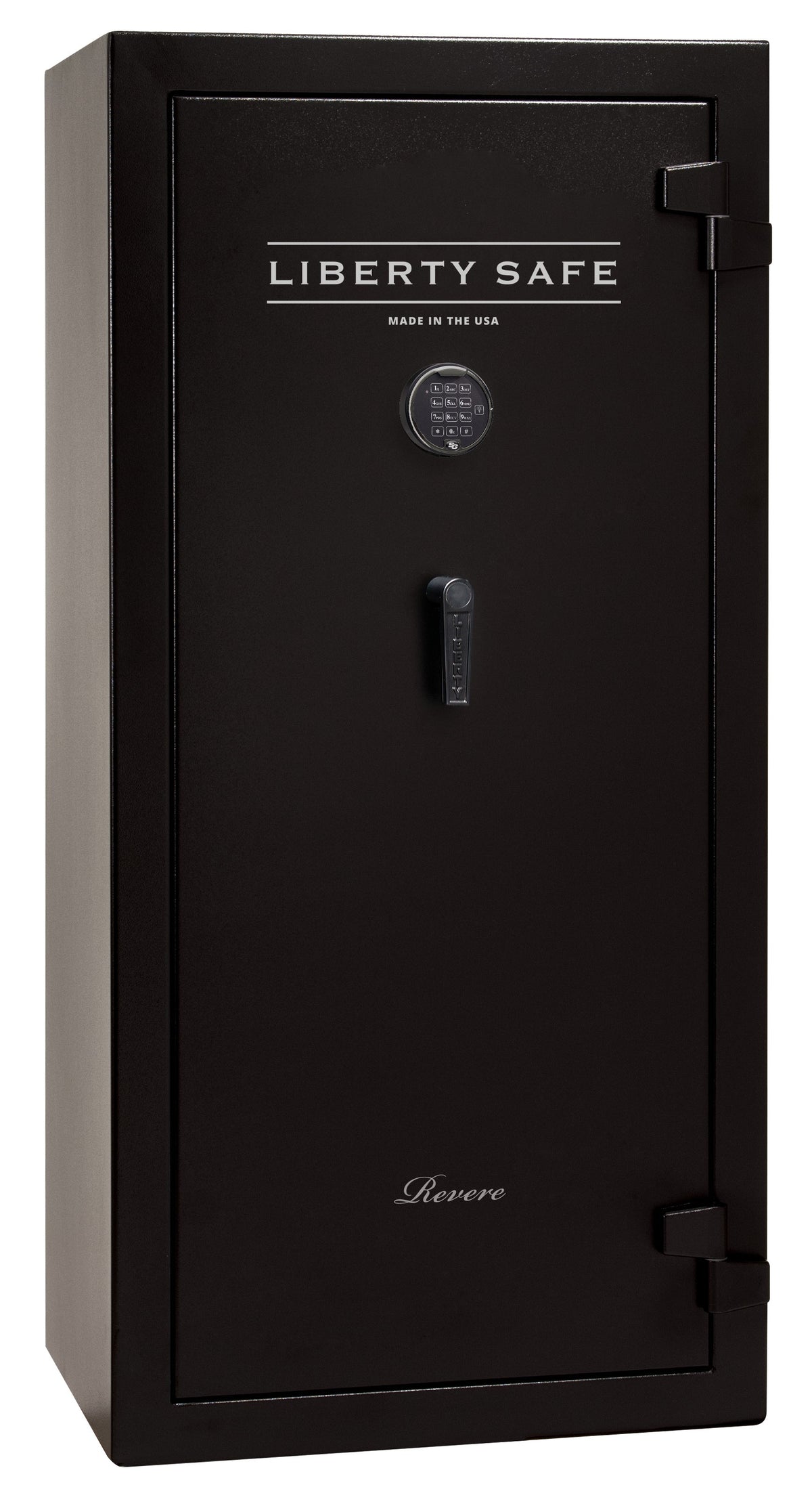 Liberty Safe Revere 30 gun safe in black textured finish with EMP-resistant electronic keypad and vertical pull-handle, "Made in the USA" branding on door, front view