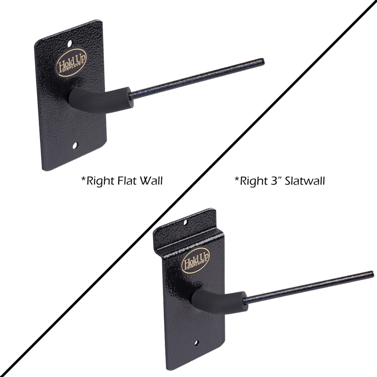 Two black wall-mounted hooks labeled 'Right Flat Wall' and 'Right 3" Slatwall' on a white background.