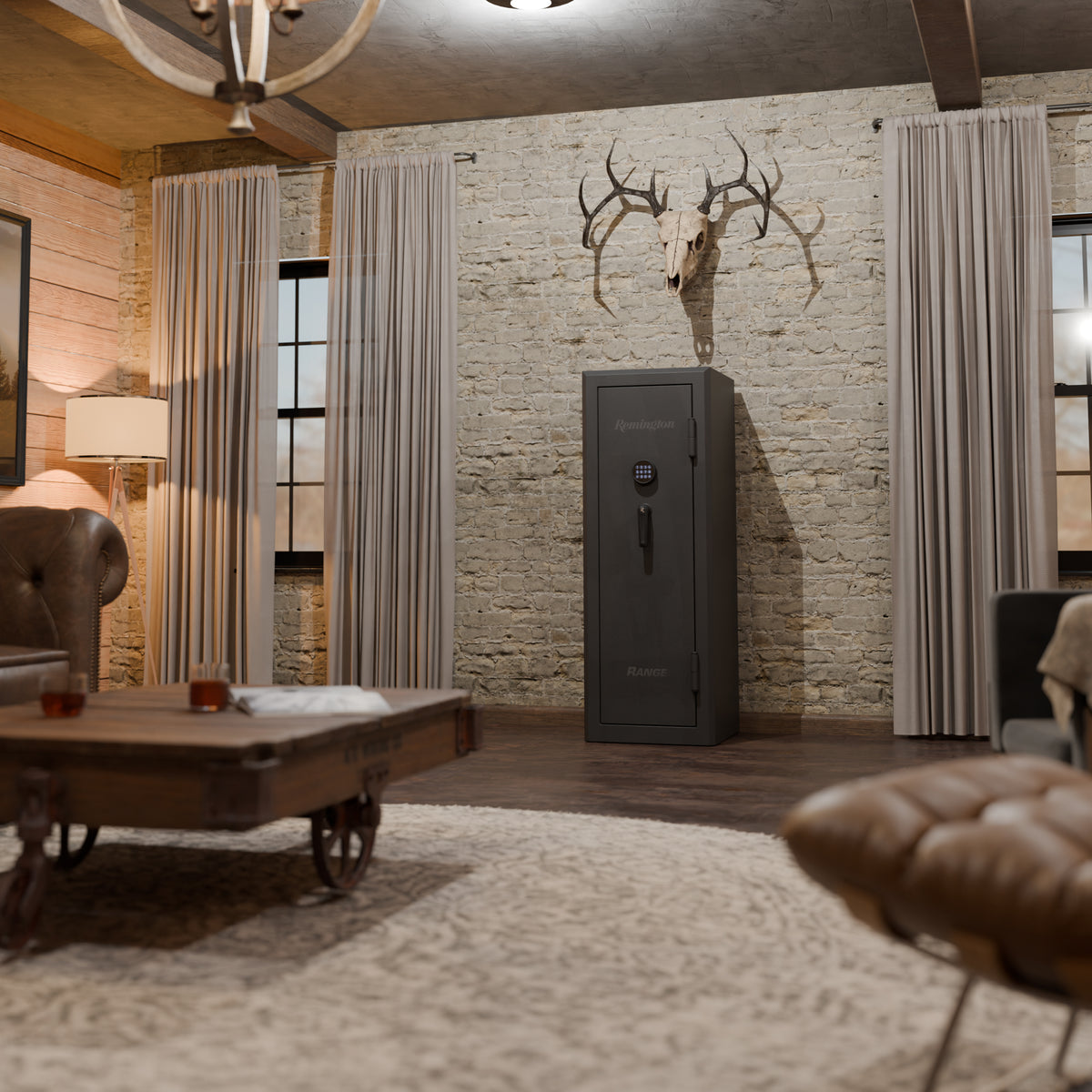 Living room with stone wall, safe, and deer head mount.