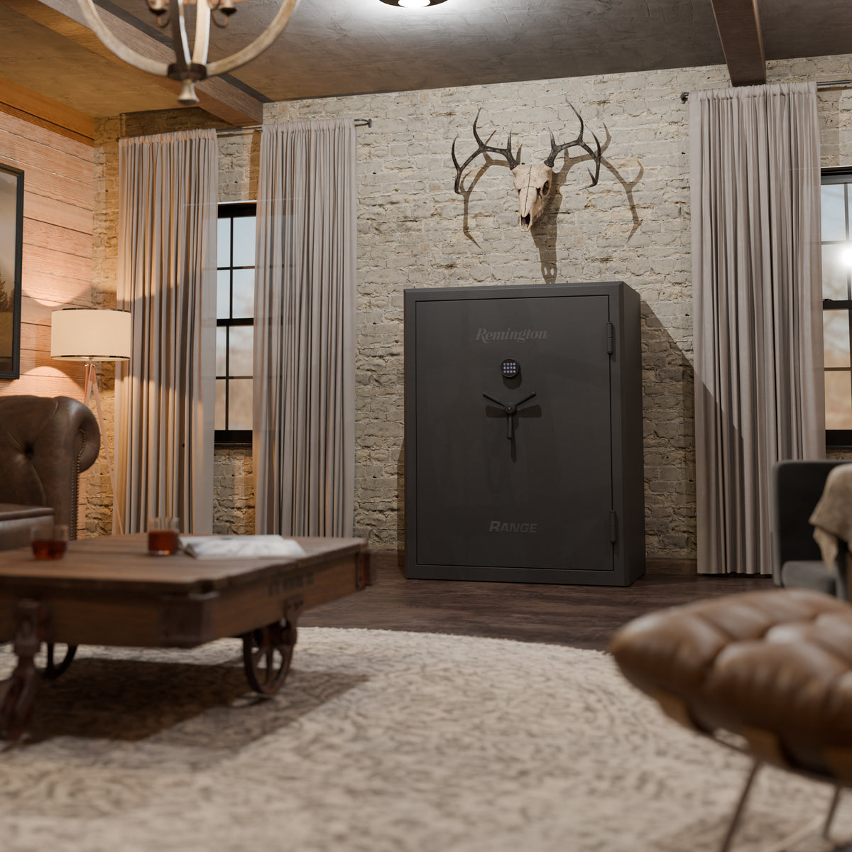Large black safe in a room with stone walls, curtains, and a deer head mount.