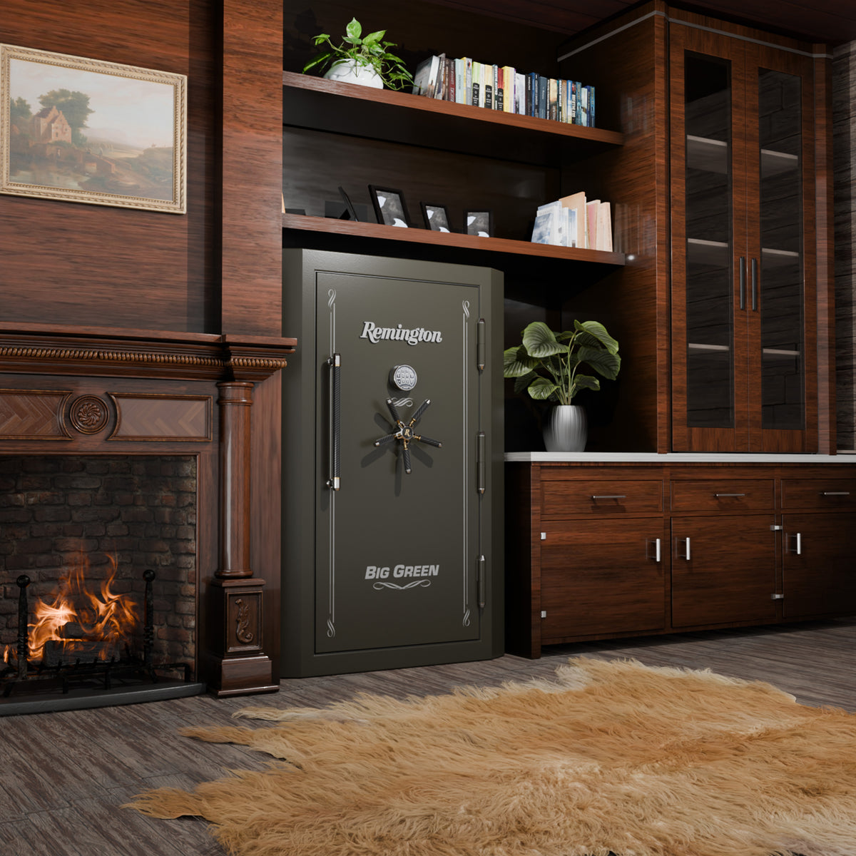Remington SAR5944-BG Big Green 39 Gun Safe Installed in Den Next to Fireplace