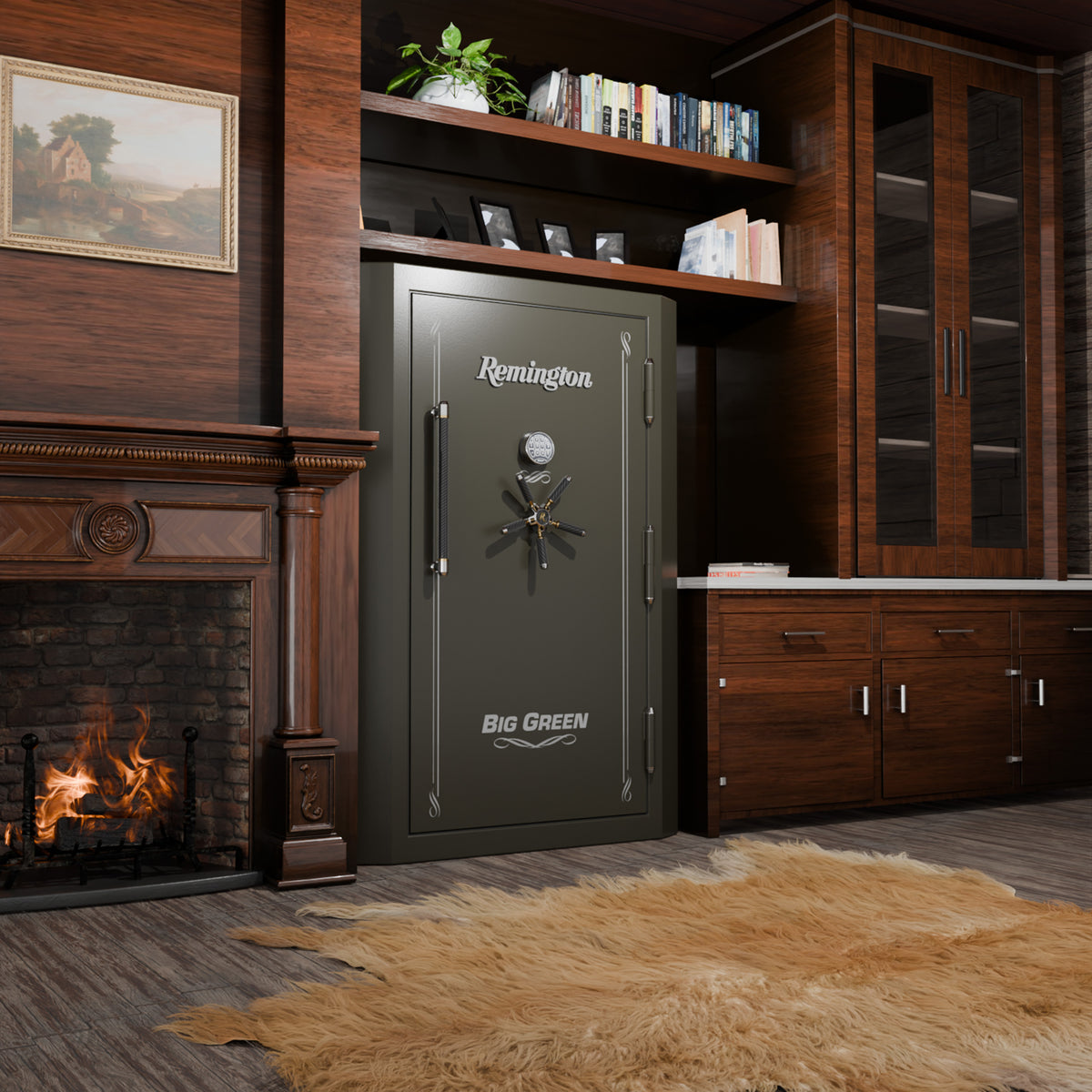 Remington SAR5952-BG Big Green 45 Gun Safe Installed Next to Fireplace