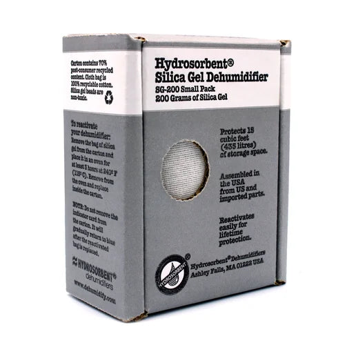 Hydrosorbent silica gel dehumidifier packaging on a white background