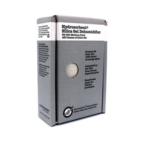 Hydrosorbent silica gel dehumidifier packaging on a white background