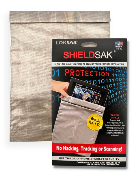 LOKSAK ShieldSak packaging with text and image of a phone and tablet.