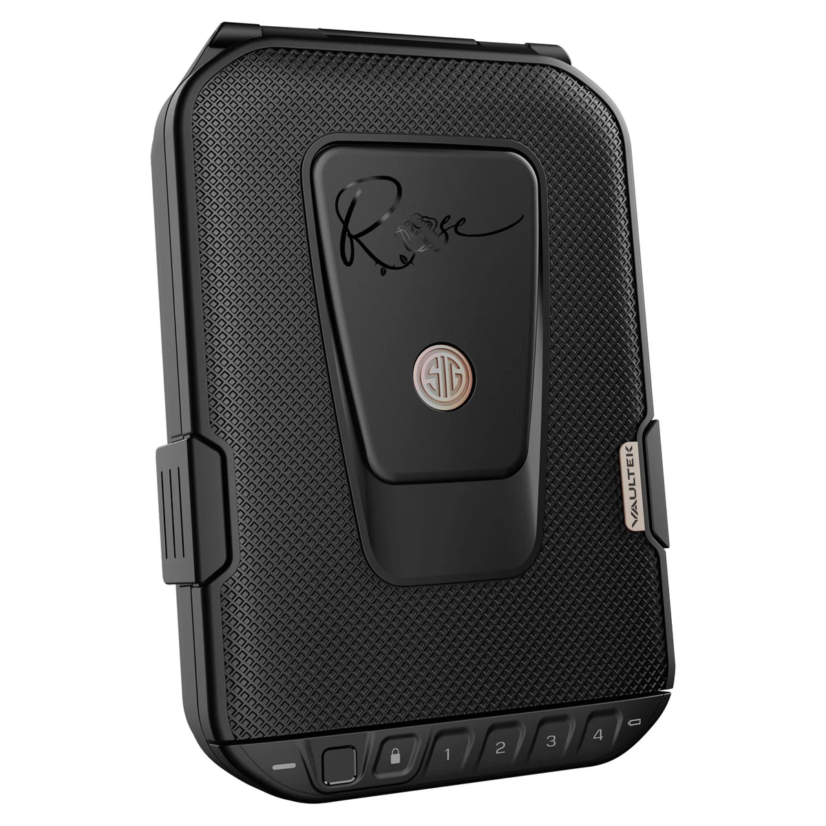 Vaultek LifePod 10 Rose by Sig Sauer Special Edition biometric lockbox closed, front view with rose gold accents