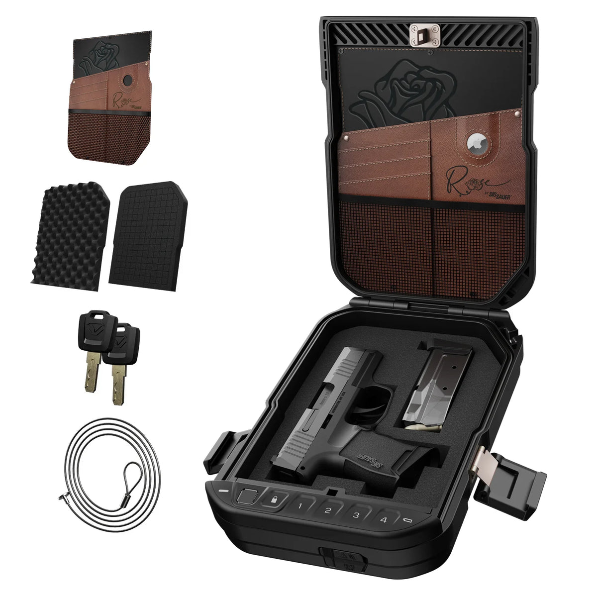 Vaultek LifePod 10 Rose Special Edition open showing custom leather lid organizer with rose gold accents and card slots