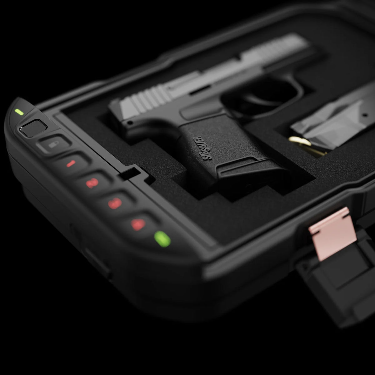 Vaultek LifePod 10 Rose by Sig Sauer interior showing handgun fitment for pistols up to 7.75 inches, including the P365 Rose