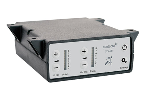 Contacta STS-A31H window intercom amplifier, matte black ABS housing with volume in/out controls and LED status indicators