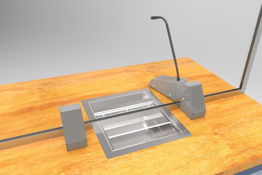 3D render of a service counter with STS-K002 staff gooseneck unit and two customer surface-mounted units flanking a cash drawer