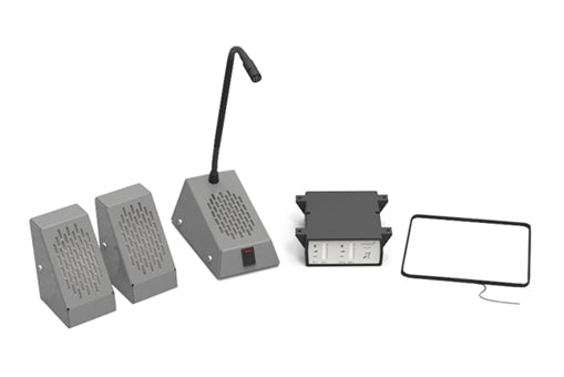 Contacta STS-K002 kit components: two grey customer surface-mounted units, gooseneck staff unit, amplifier, and hearing loop aerial