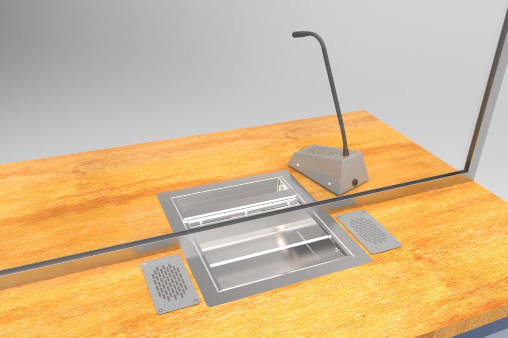 3D render of a service counter with STS-K003 staff gooseneck unit and two flush-mounted customer faceplates in wood