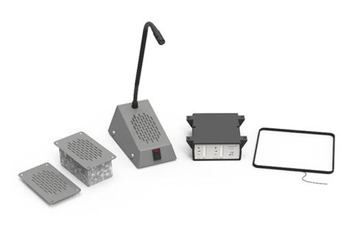 Contacta STS-K003 grey kit: flush-mount speaker and enclosure, gooseneck staff unit, amplifier, and hearing loop aerial