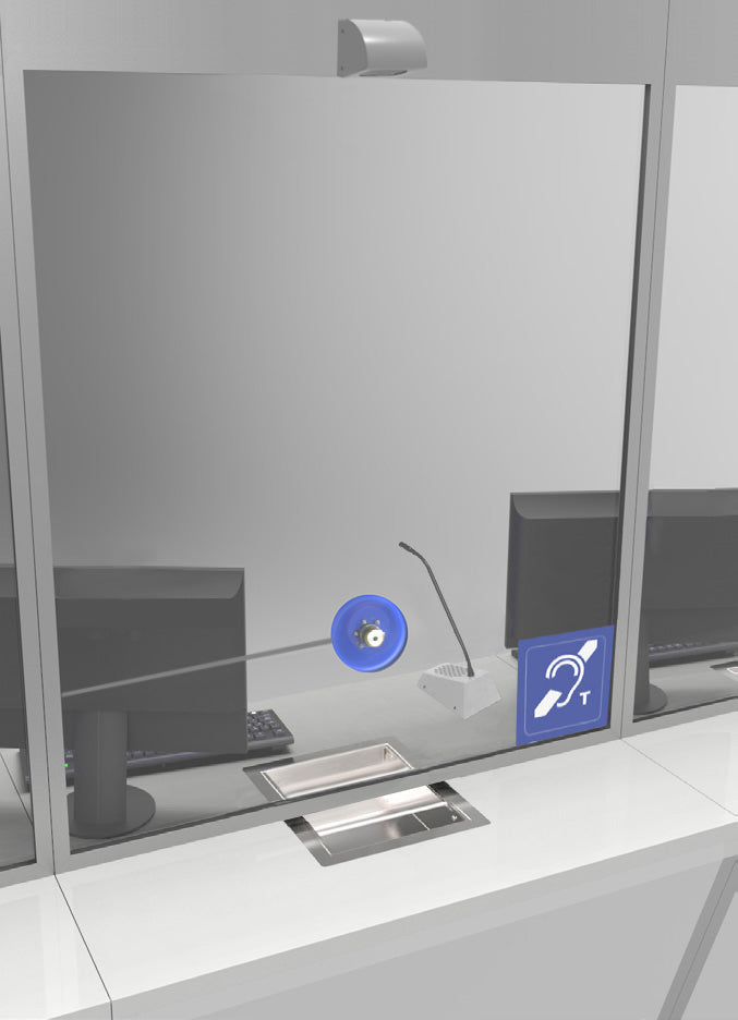 3D illustration of the STS-K020-S23 setup showing overhead speaker, glass-mounted C100 microphone, and hearing loop panel