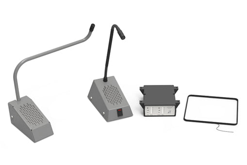Contacta STS-K035 kit in Grey Leatherette: staff unit, half-bridge bar customer microphone, amplifier, and hearing loop panel