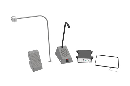 Contacta STS-K058 kit: curved-tubing microphone, surface-mount speaker, staff unit, amplifier, and hearing loop panel