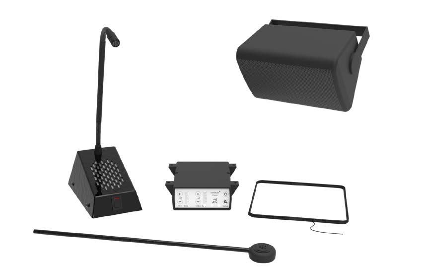 Contacta STS-K080-IP kit: black gooseneck staff unit, IP54 overhead speaker, amplifier, stem mic, and hearing loop