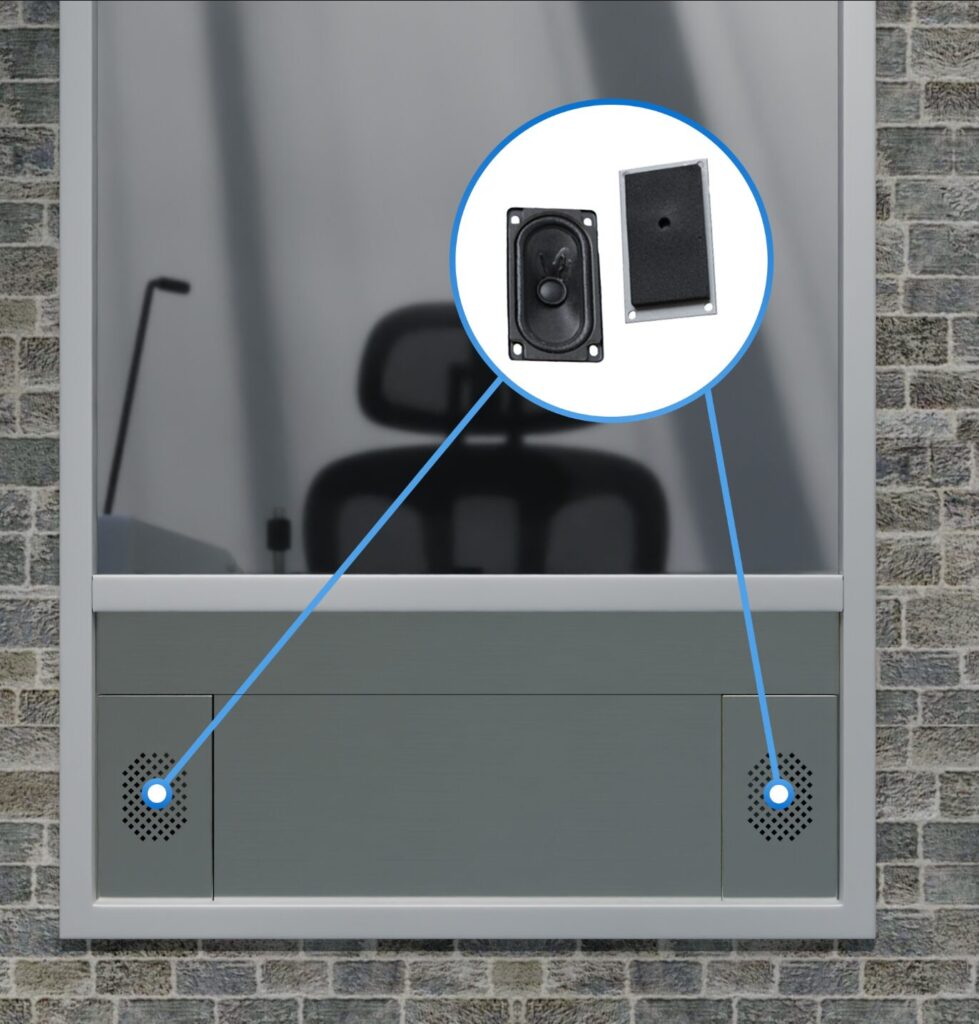 Contacta STS-SS diagram calling out the flush-mounted customer speaker and microphone integrated into a bank deal drawer