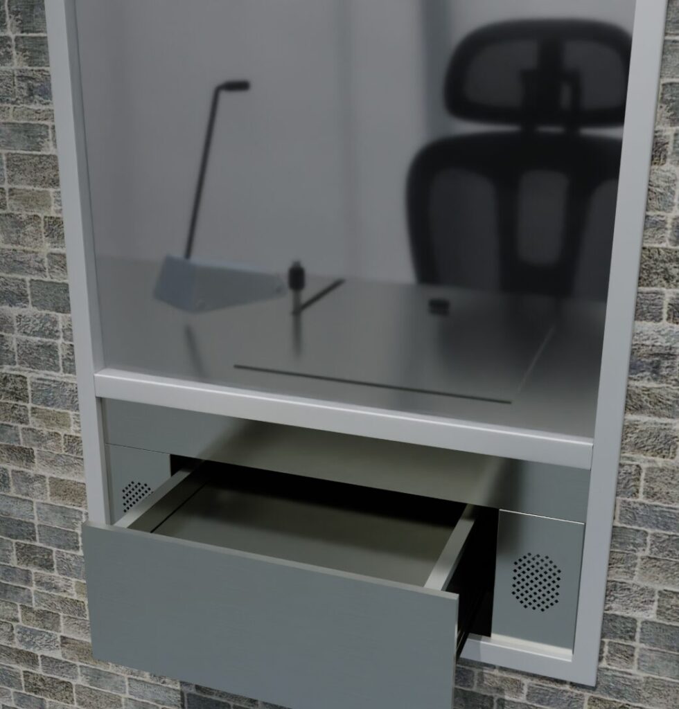 Contacta STS-SS installed in a bank teller deal drawer with a staff gooseneck microphone and drawer-integrated customer speaker