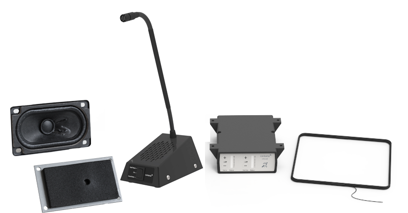 Contacta STS-SS-B kit: amplifier, staff unit with gooseneck microphone, integrated customer speaker, and mic mounting plate