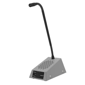 Contacta STS-SU1-3W staff unit in grey leatherette with cardioid gooseneck microphone, speaker grille, and dual mute switch