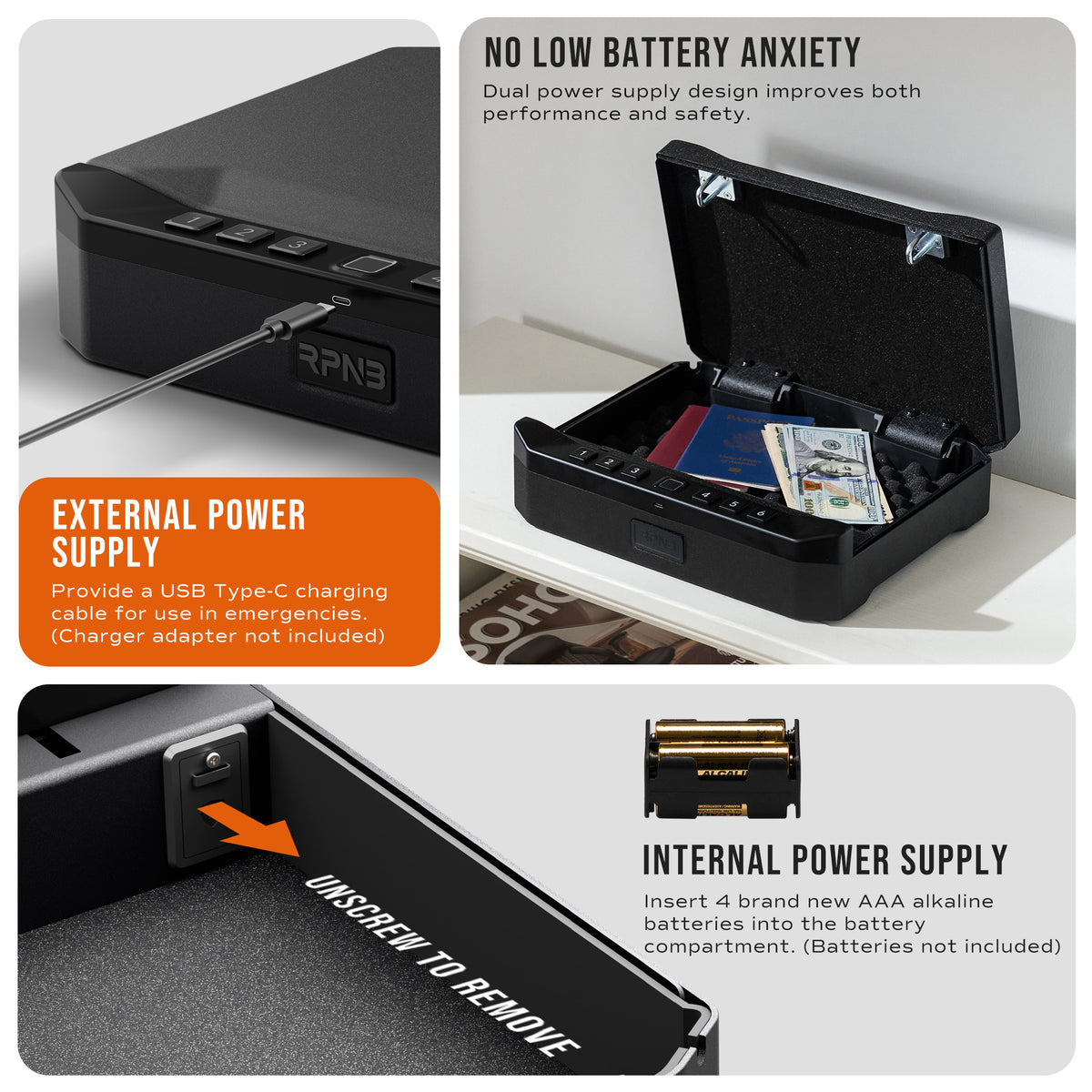 Black electronic device with power supply options and battery compartment on a white background