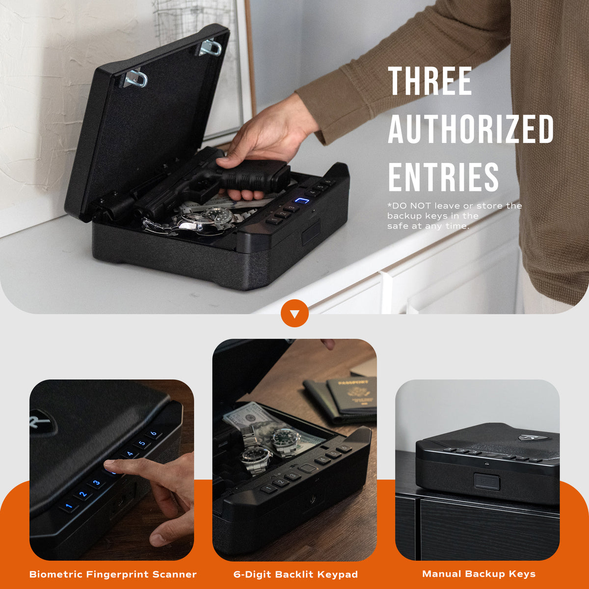 Black safe with biometric fingerprint scanner, 6-digit keypad, and manual backup keys, held by a person.