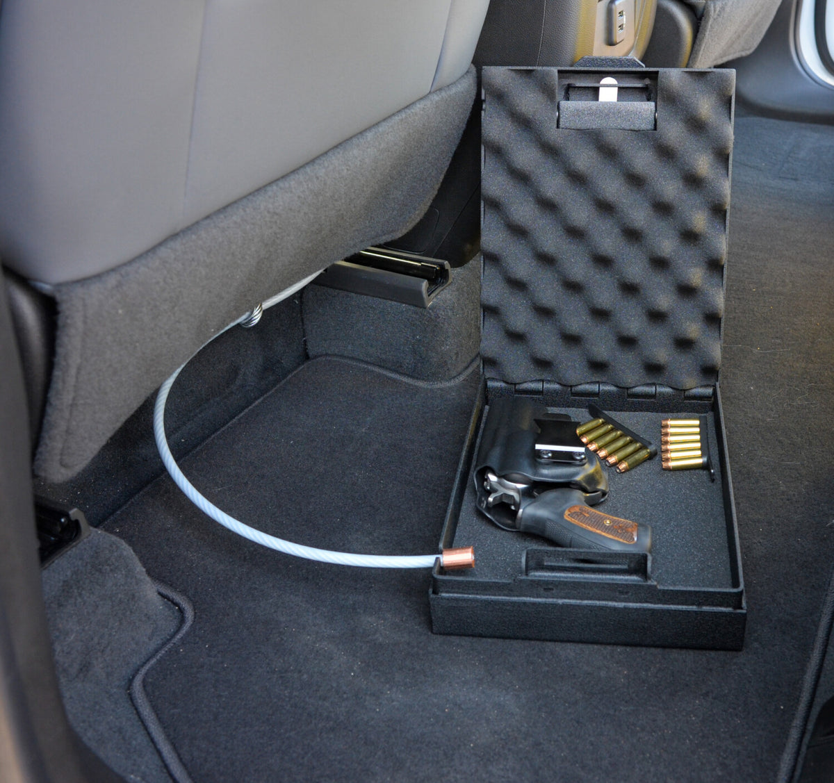 Steelhead Large HD Pistol Box Secured in Vehicle Open 2