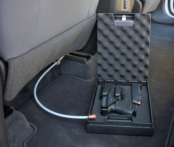 Steelhead Large HD Pistol Box Door Open in Vehicle with Cable
