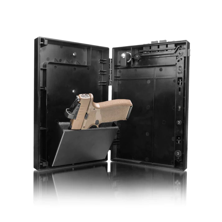 Stopbox Ward Wall Mounted Instant-Access Pistol Box Open with Handgun