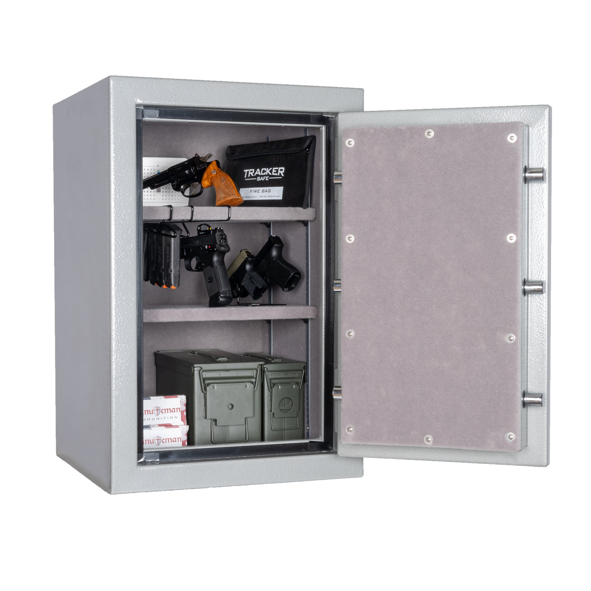 Tracker Safe HS30 interior holding a full set of handguns arranged across two adjustable shelves
