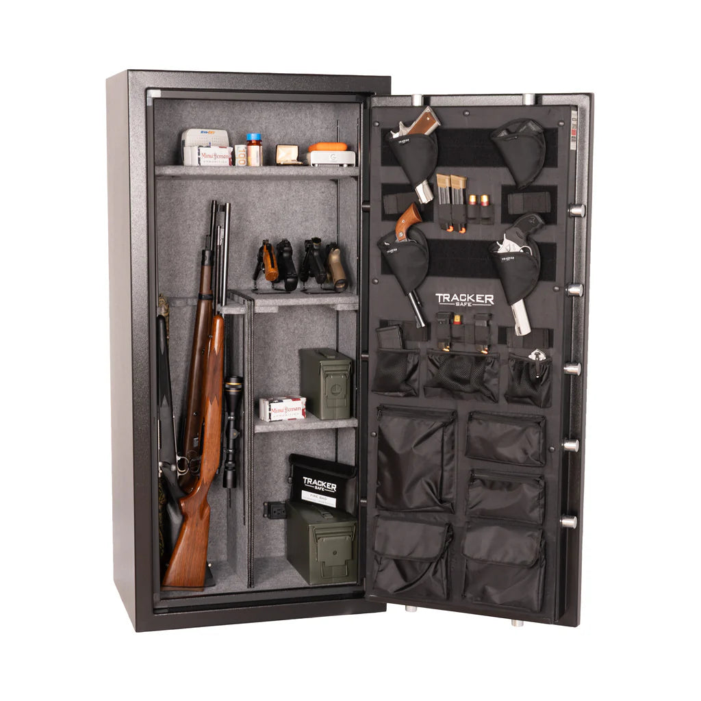 Tracker Safe M20 Gun & Rifle Safe Door Open with Rifles on Left and Other items on right