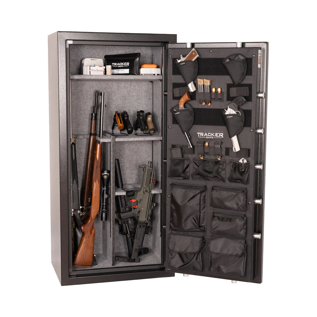 Open Tracker M20 gun safe with various firearms and accessories on a white background