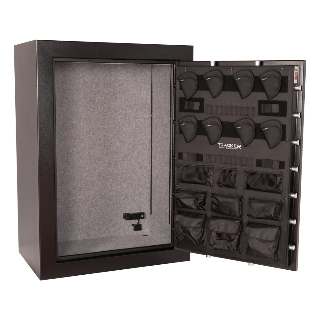 Open view of the Tracker M64 gun safe showing safe empty and door organizer