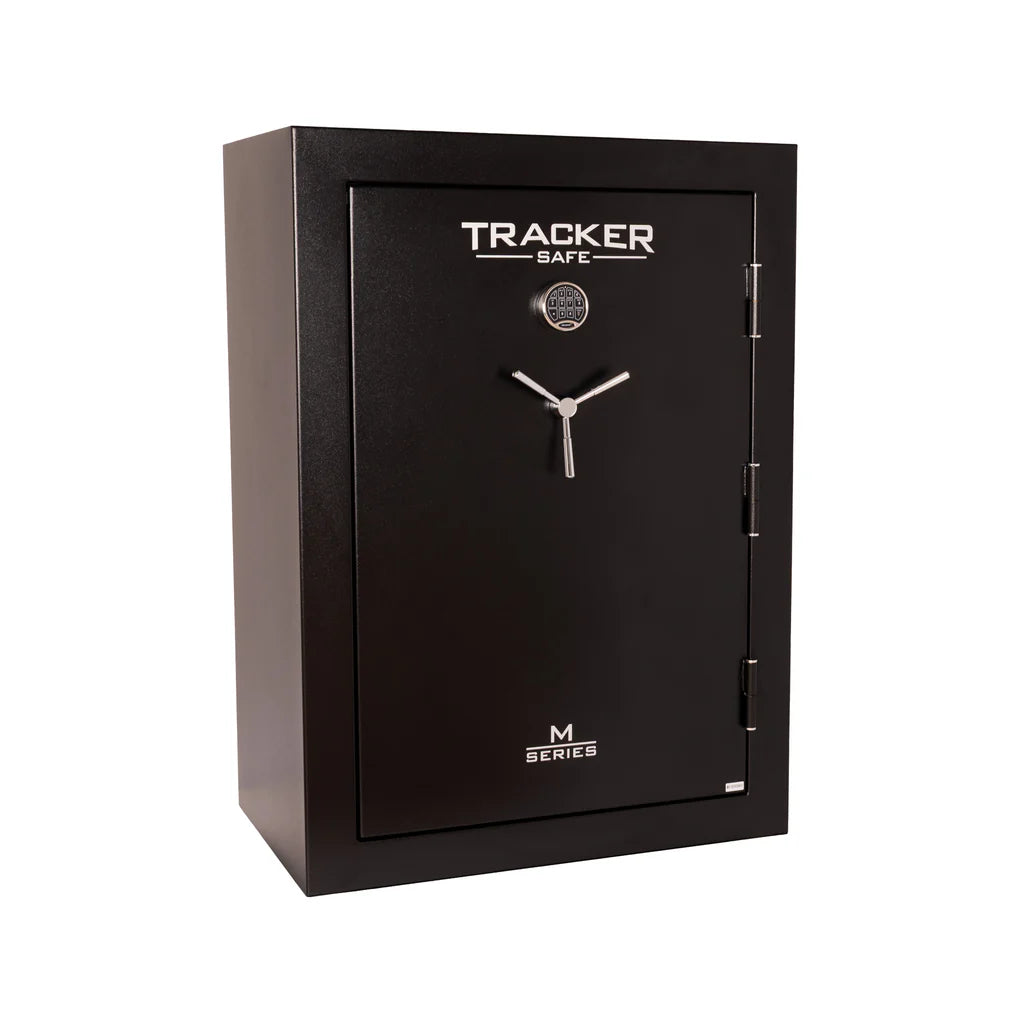 Front angled view of the Tracker M64 Gun Safe showcasing its sleek black powder coat finish and five-spoke chrome handle electronic lock